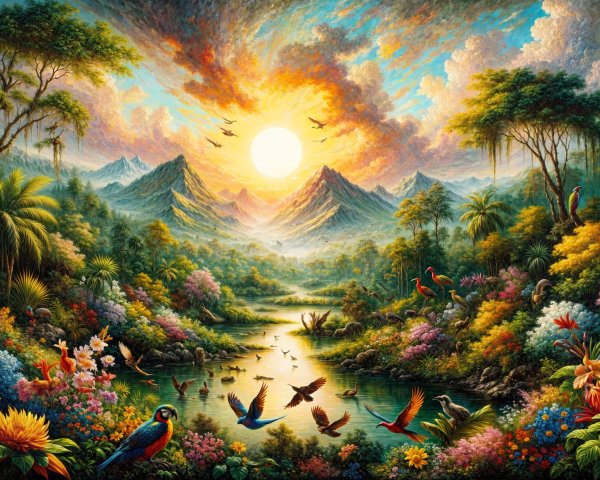 Vibrant Tropical Landscape with Lush Greenery and Mountains