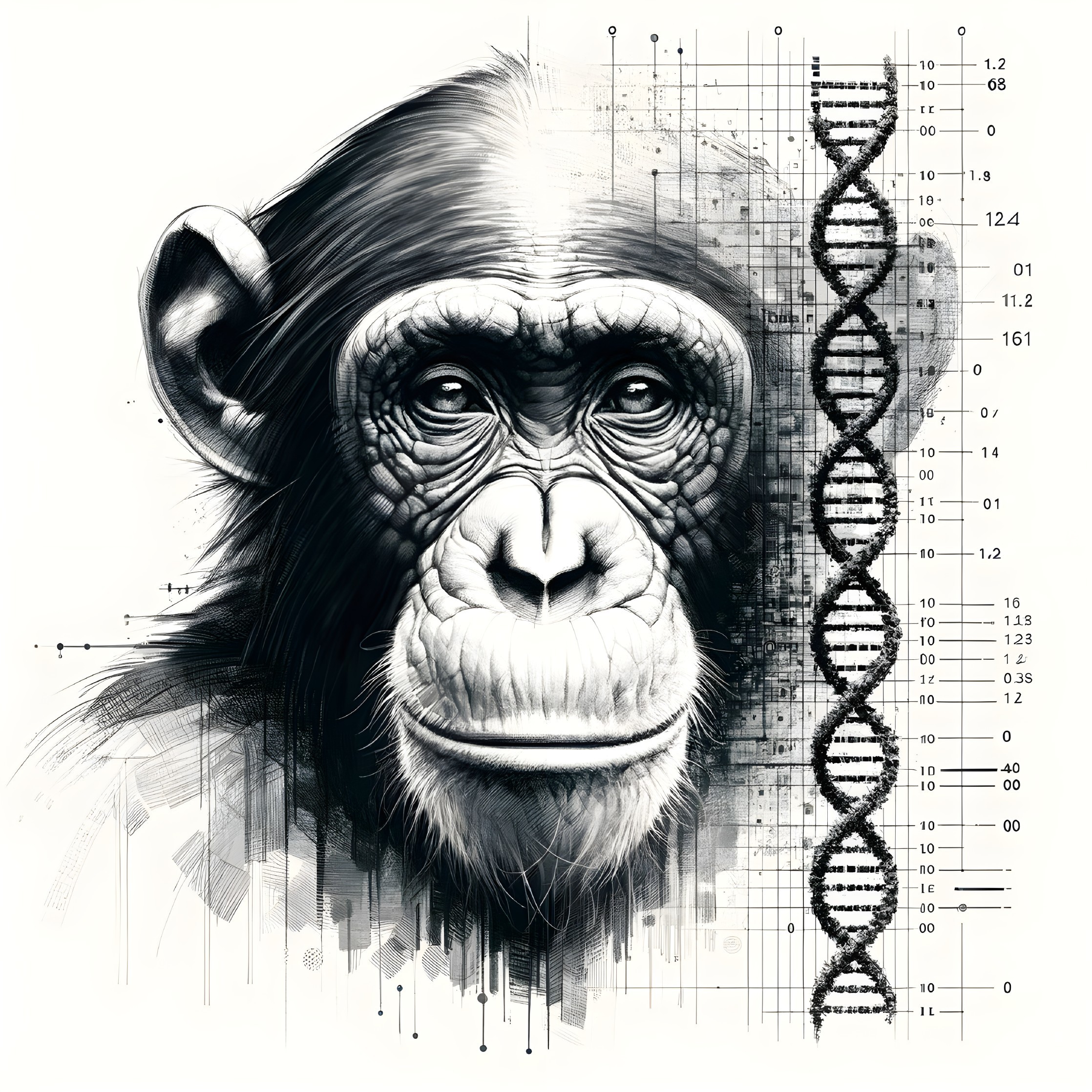 Detailed black and white sketch of a thoughtful chimpanzee face against abstract backdrop.