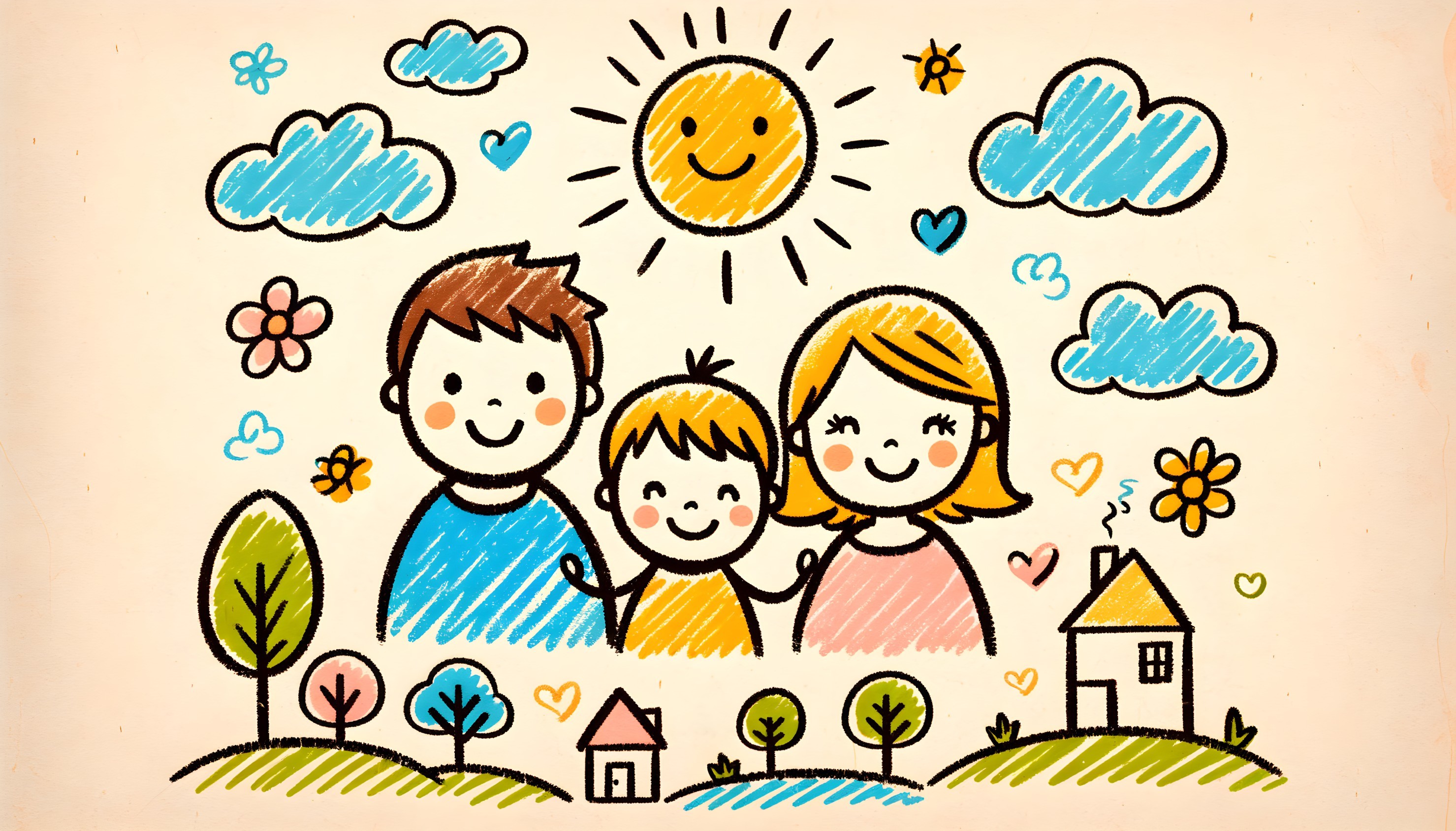 Cheerful Family Illustration with Bright Sun and Nature