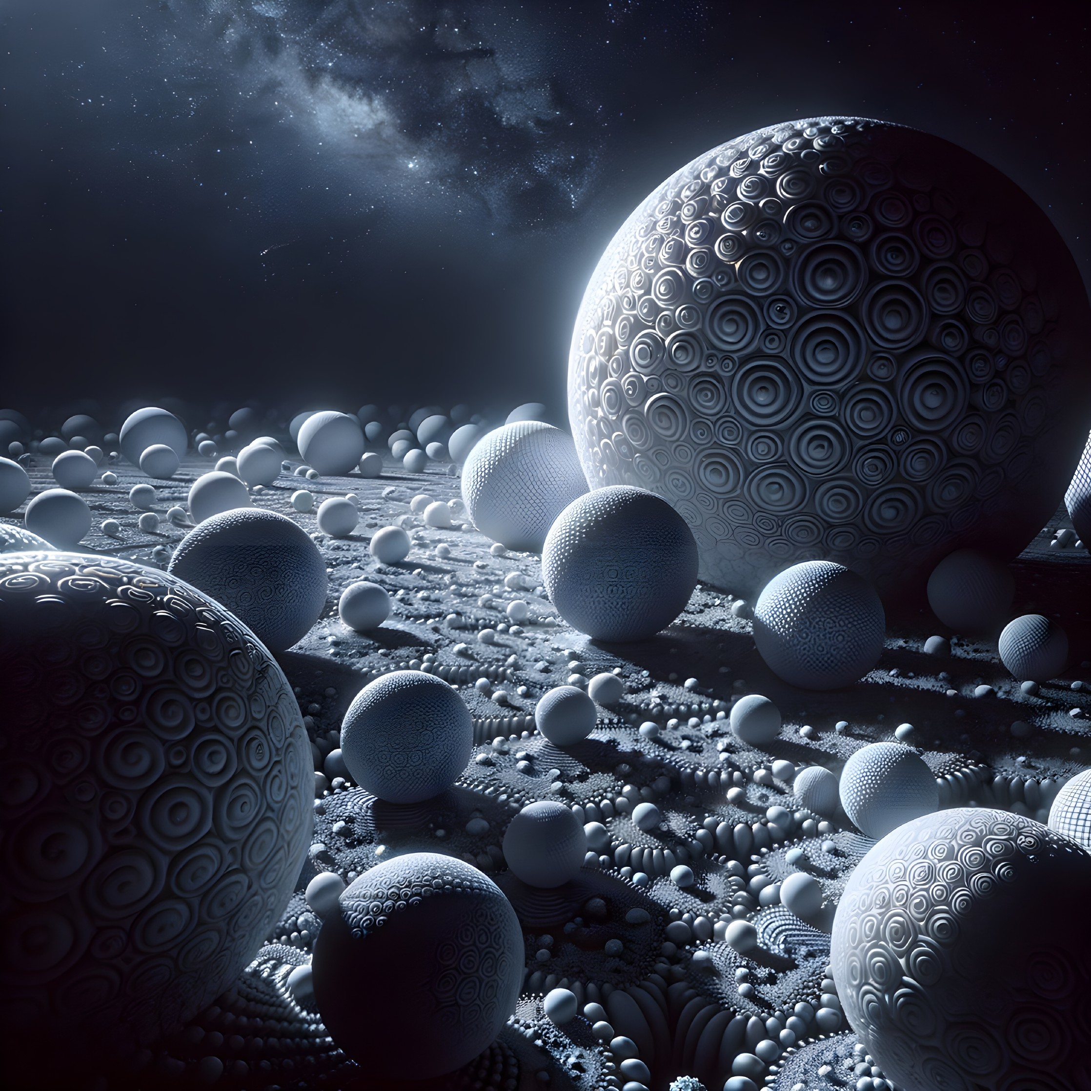 Surreal landscape with intricate patterned spheres under starry sky