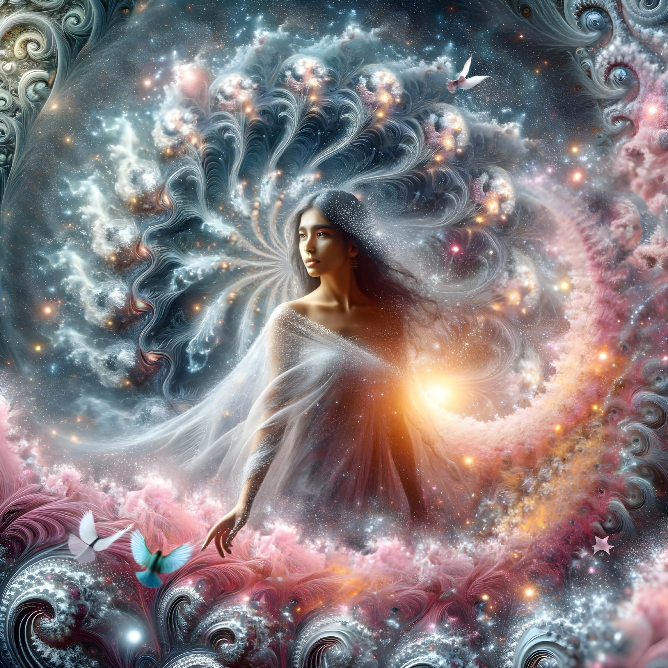 Mystical woman in cosmic swirl with stars, fractals, and butterflies