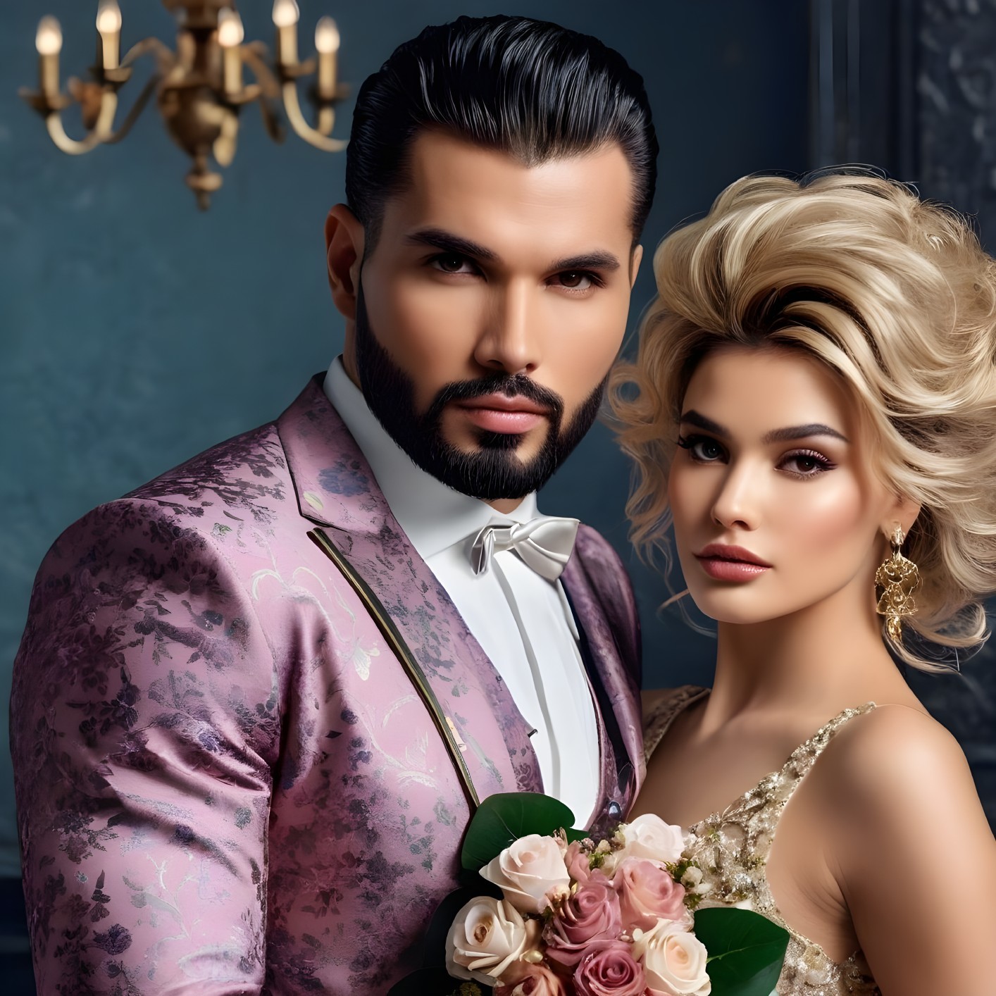 Glamorous Couple in Floral Suit and Gold Dress
