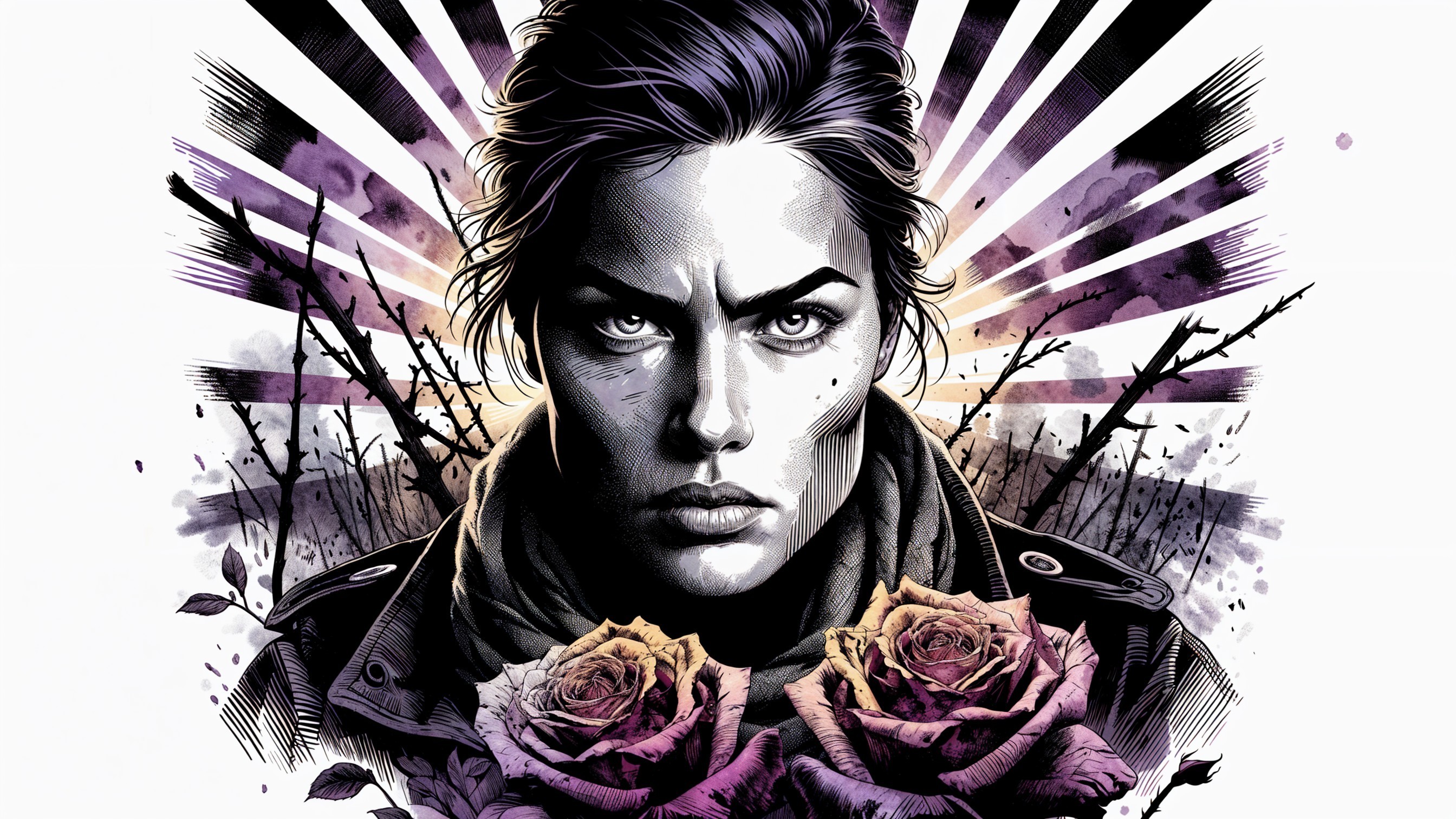 Monochromatic Portrait of a Fierce Woman with Roses