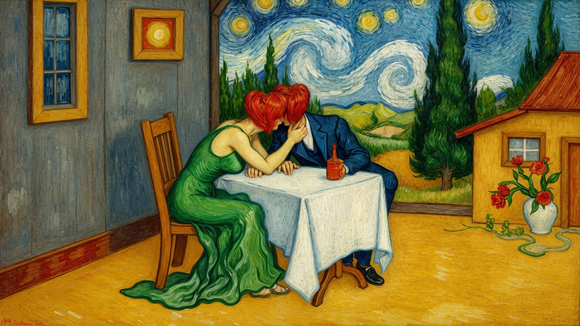 Couple Kissing at Table with Starry Night Backdrop