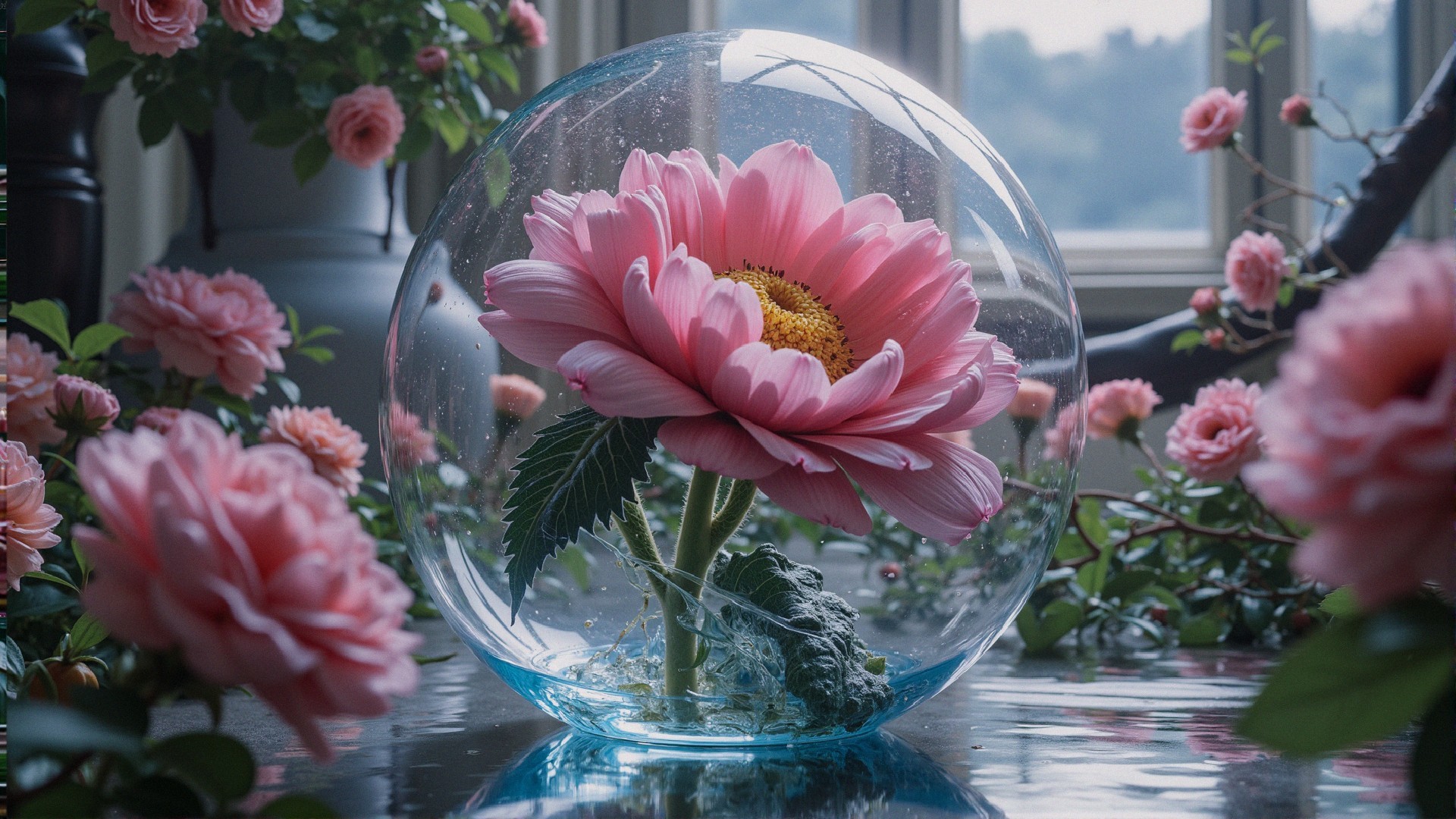 Delicate Pink Flower in Glass Sphere Surrounded by Greenery