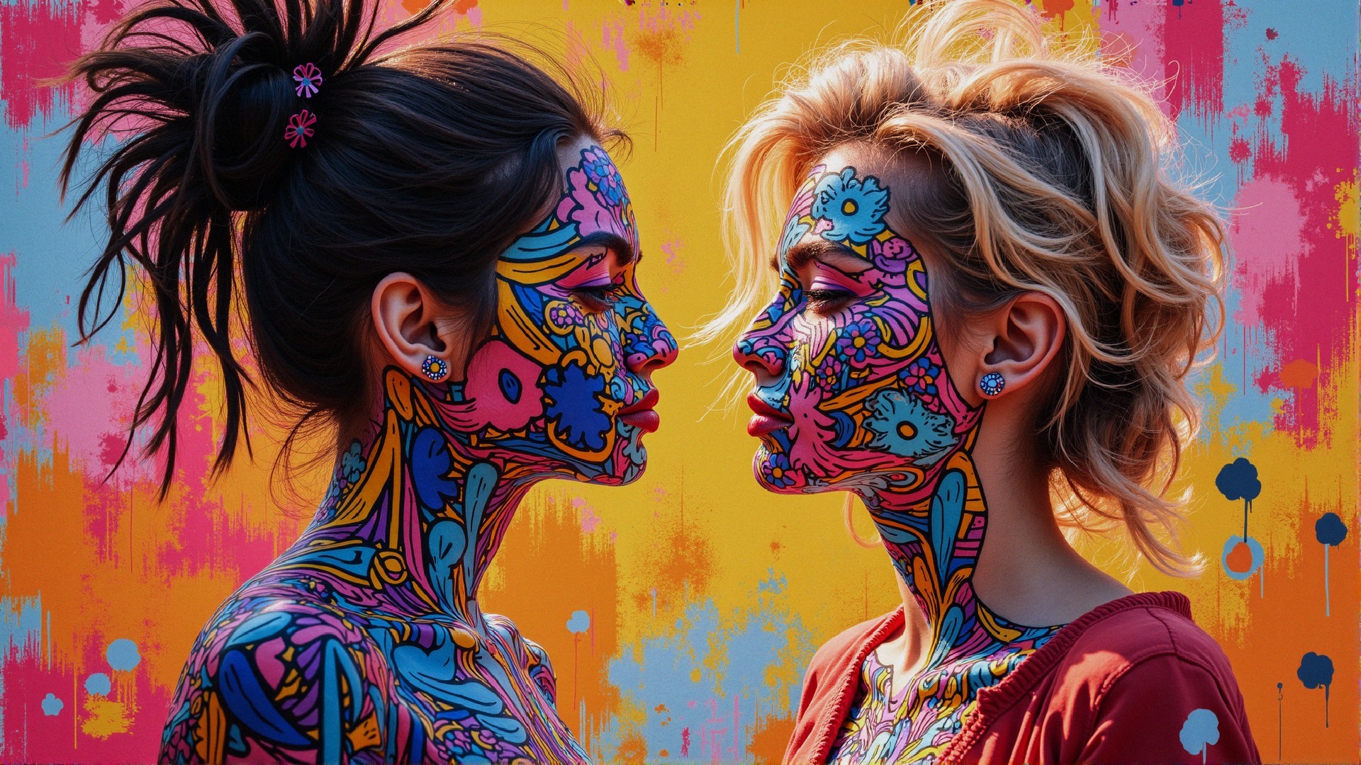 Women with Psychedelic Body Art Against Abstract Background