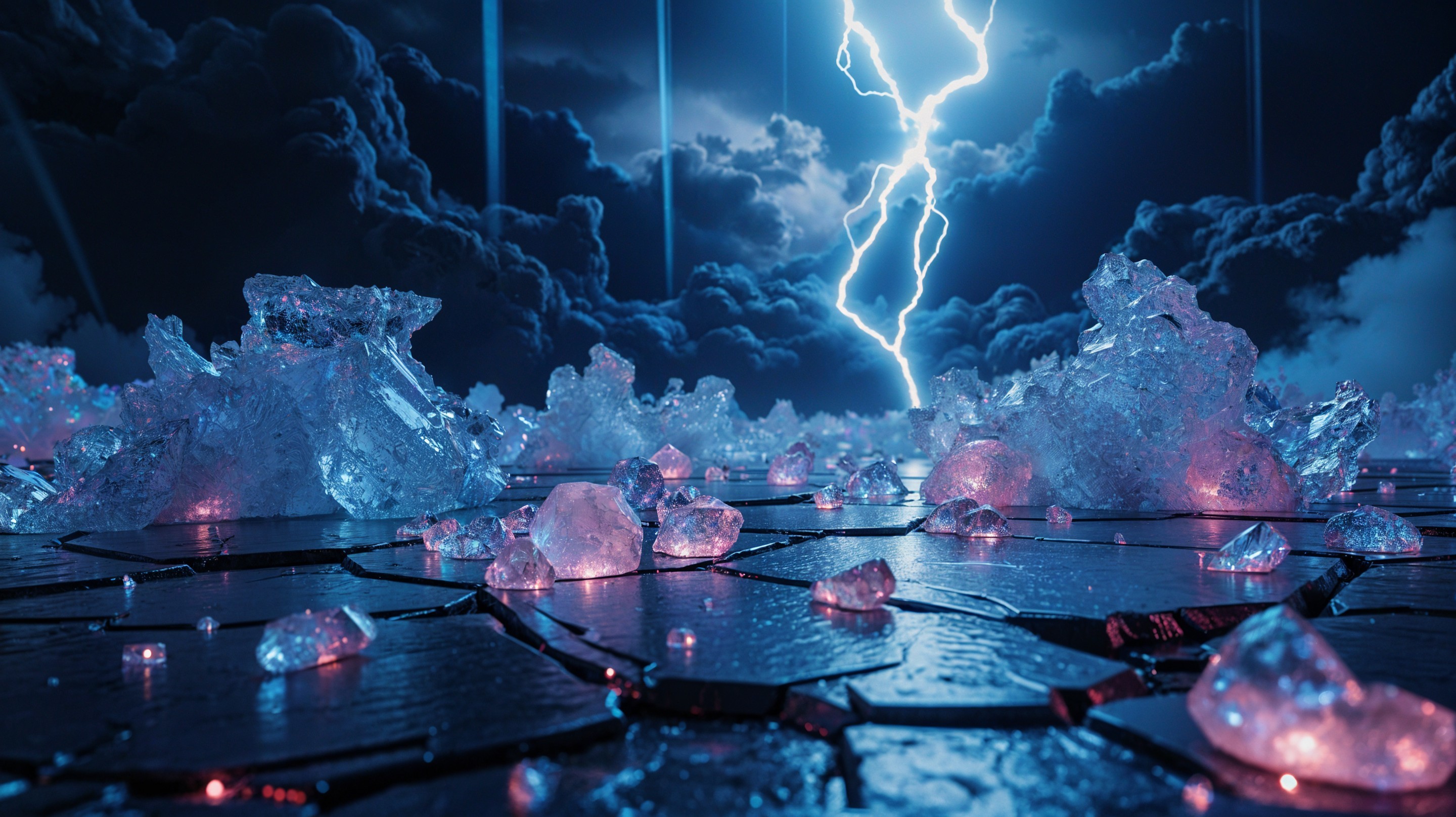 Dramatic landscape with luminous ice and stormy skies