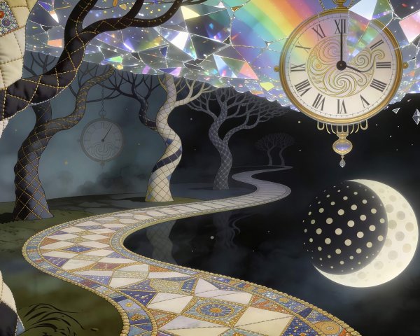 Whimsical Nighttime Landscape with Quilted Path and Trees