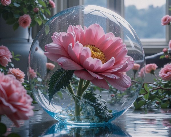 Delicate Pink Flower in Glass Sphere Surrounded by Greenery