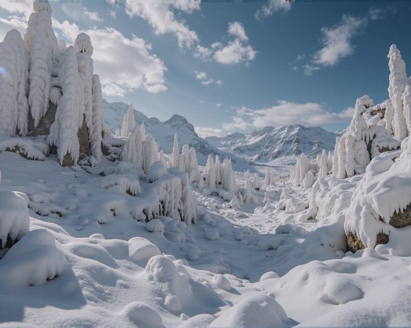 Winter Landscape with Snowy Formations and Mountains