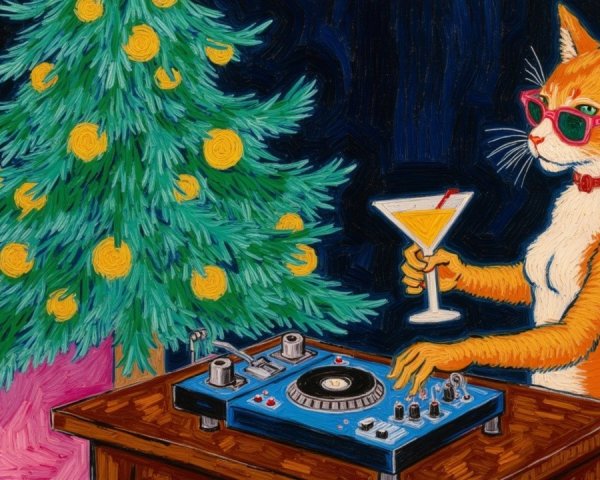 Orange Cat with Sunglasses at Festive Turntable Scene