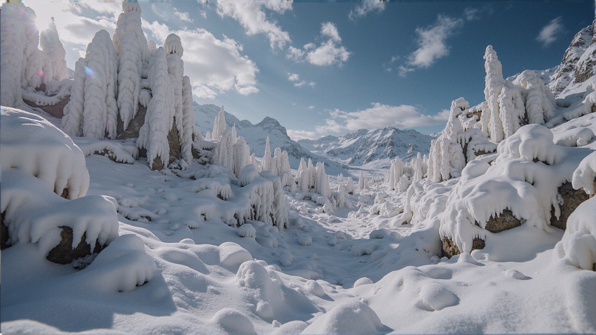 Winter Landscape with Snowy Formations and Mountains