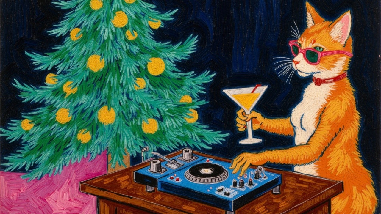 Orange Cat with Sunglasses at Festive Turntable Scene