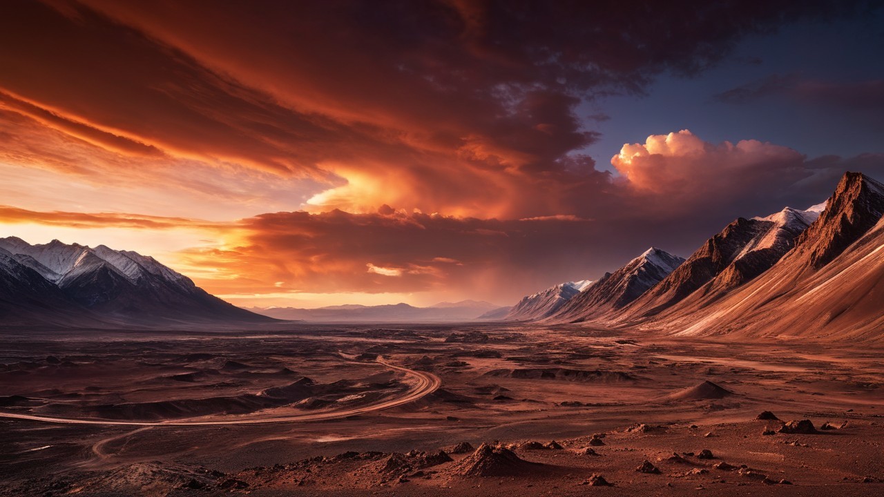 Sunset Landscape with Mountains and Winding Path