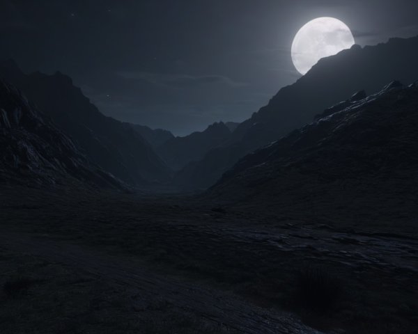 Serene Nighttime Landscape with Full Moon and Mountains