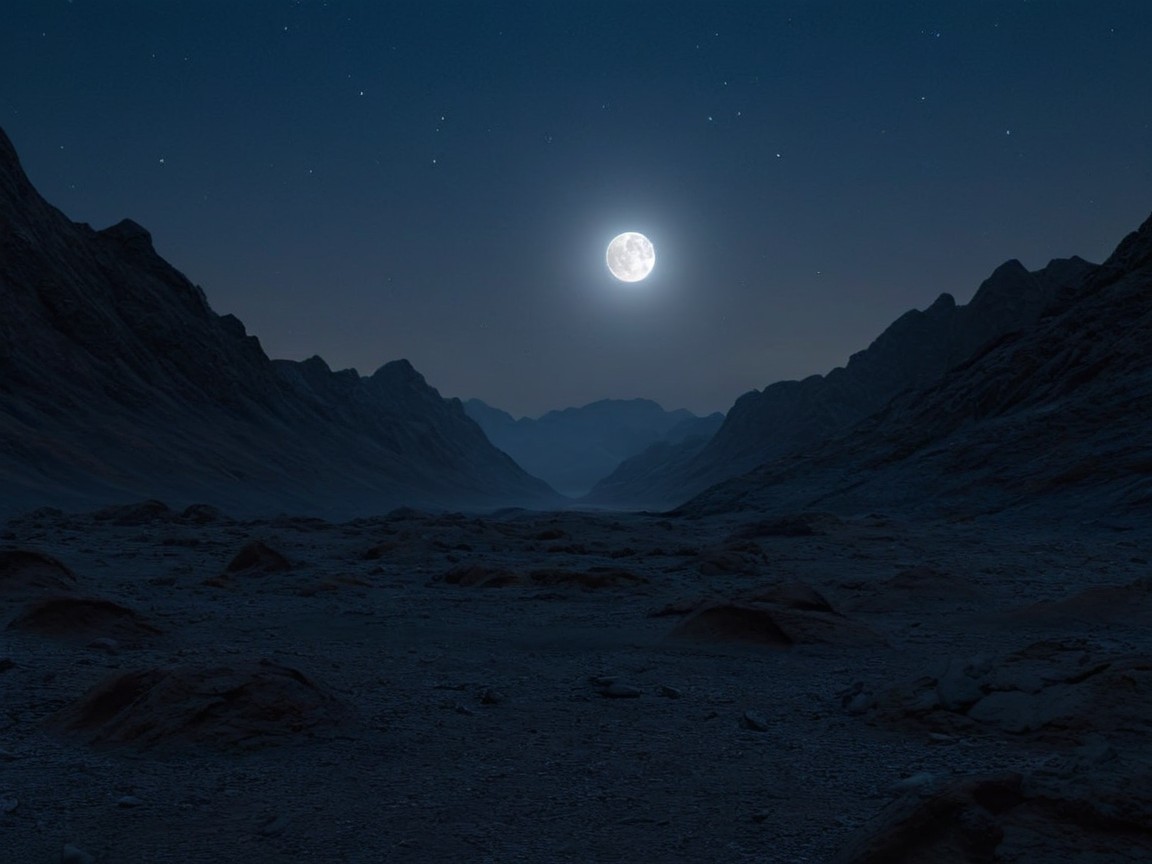 Serene Night Landscape with Moonlit Valley and Mountains