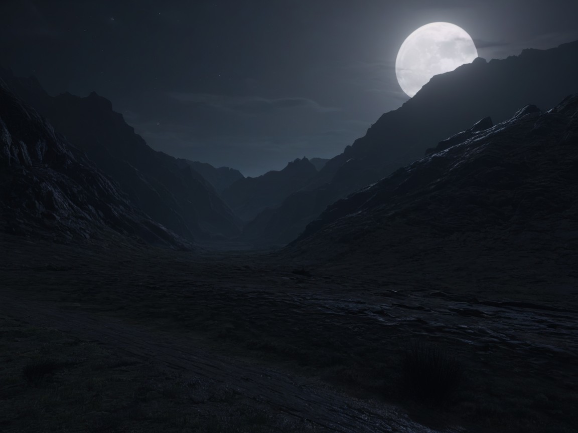 Serene Nighttime Landscape with Full Moon and Mountains