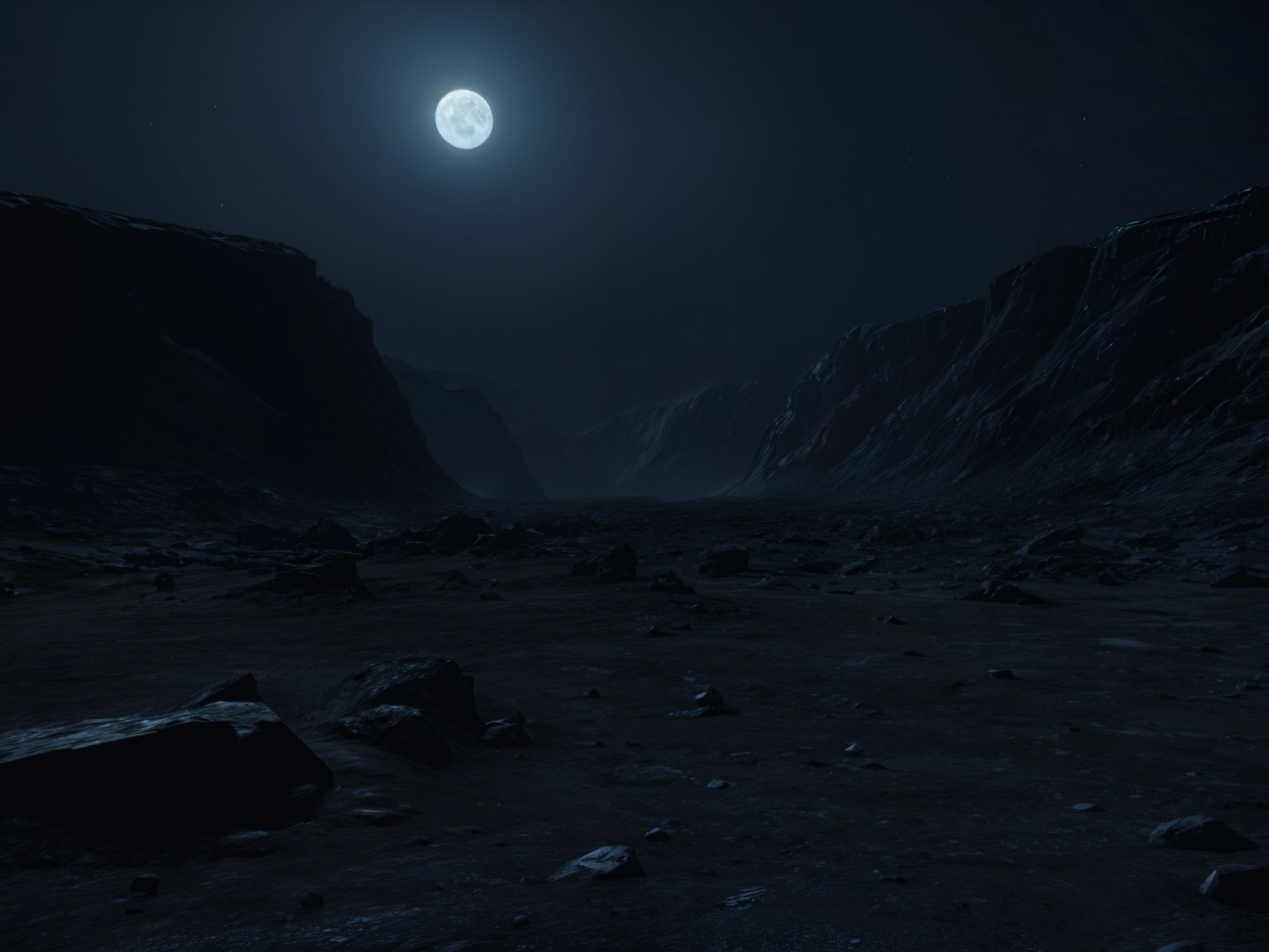 Serene Night Landscape with Full Moon and Rugged Terrain