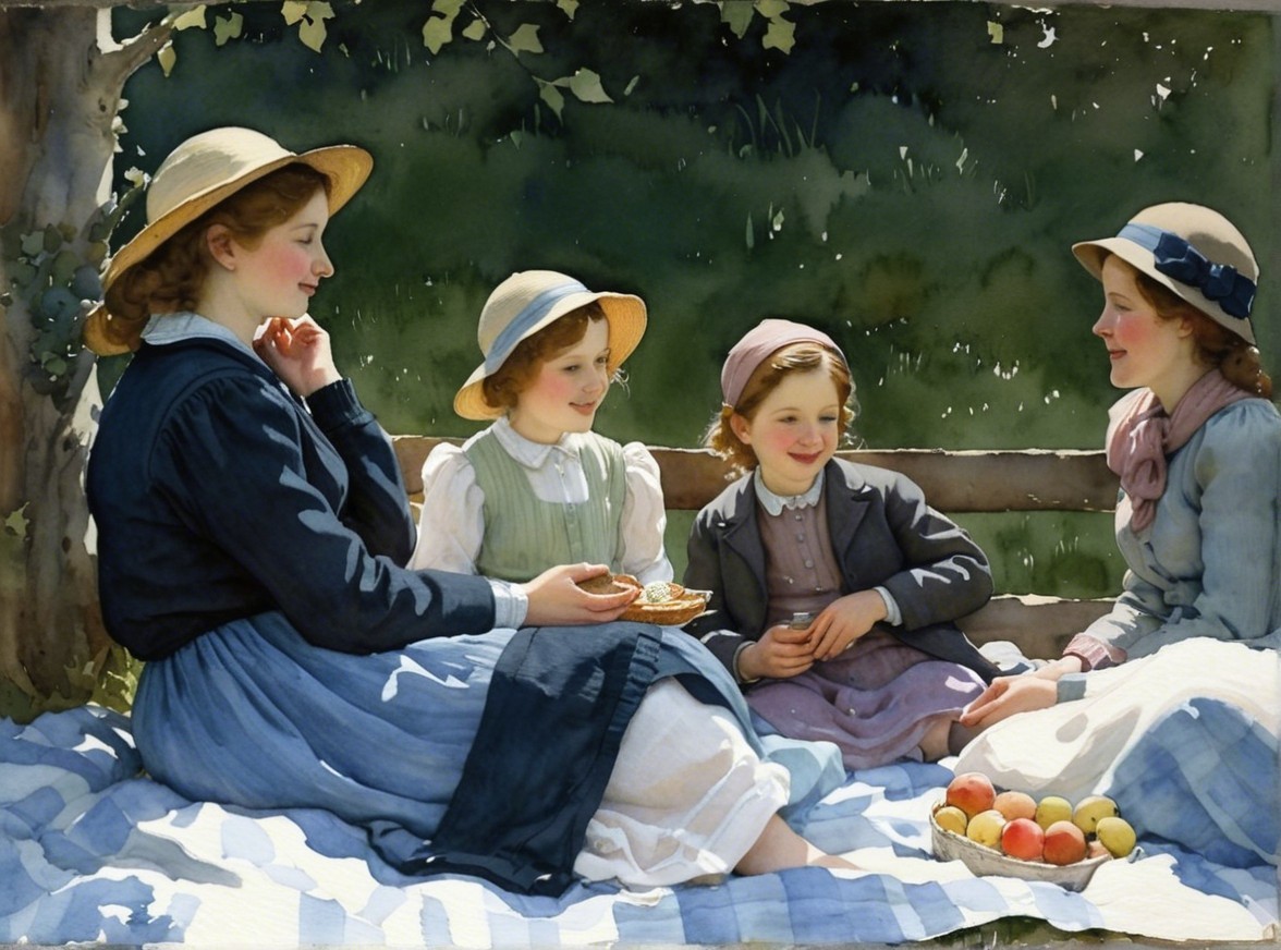 Outdoor Picnic Scene with Girls and Woman Under Tree
