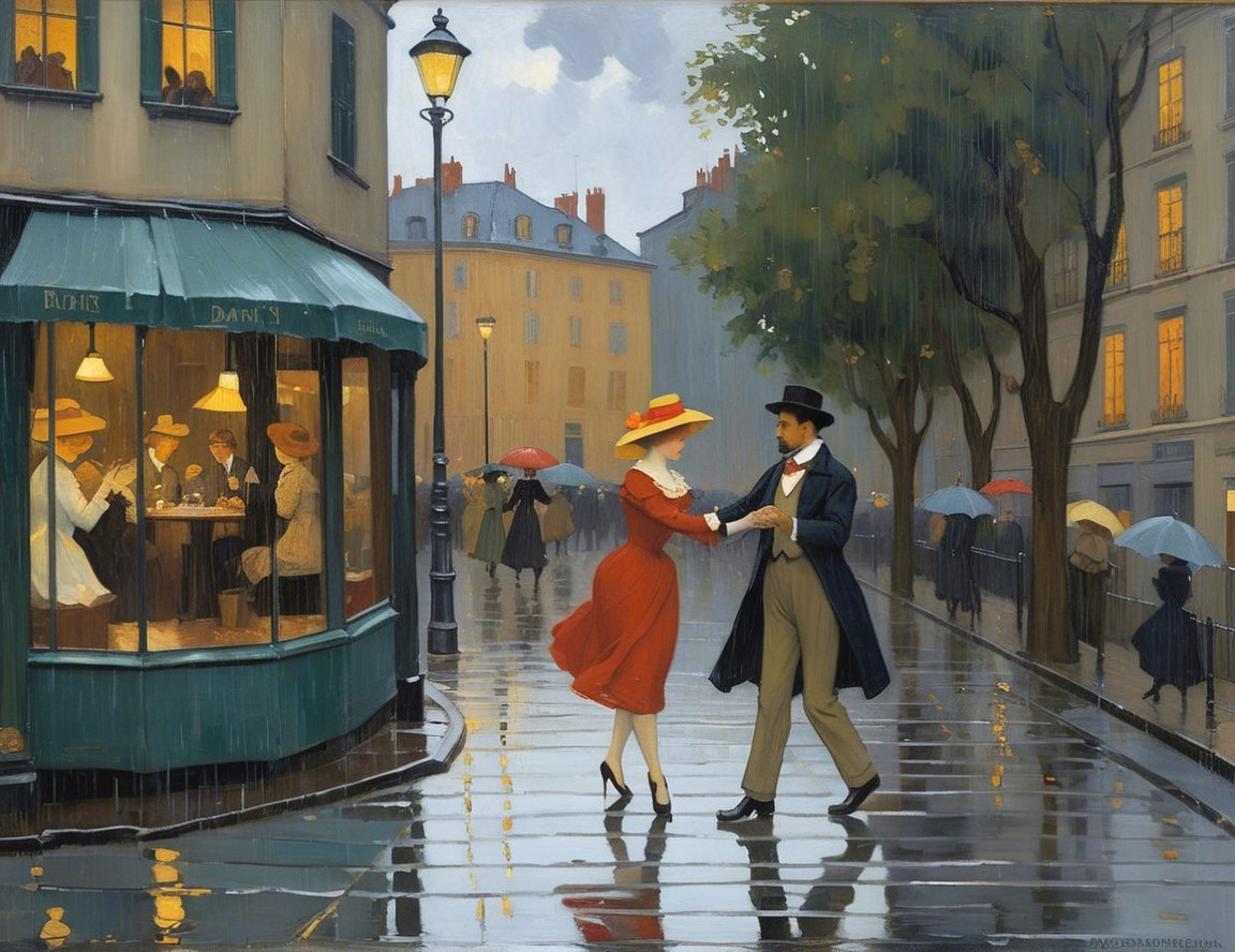 Couple Dancing Under Umbrella in Rainy Paris Street