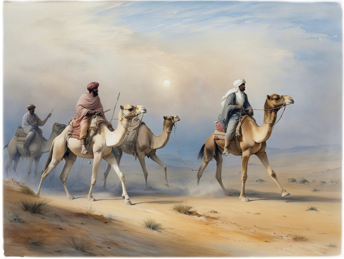Nomadic Travelers on Camels in Desert Landscape