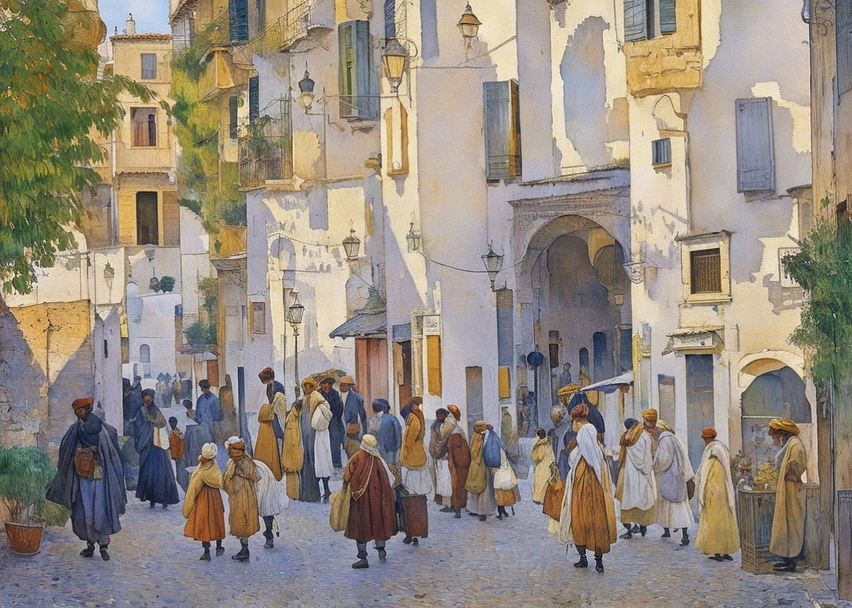 Bustling Village Street with Colorful Buildings and People