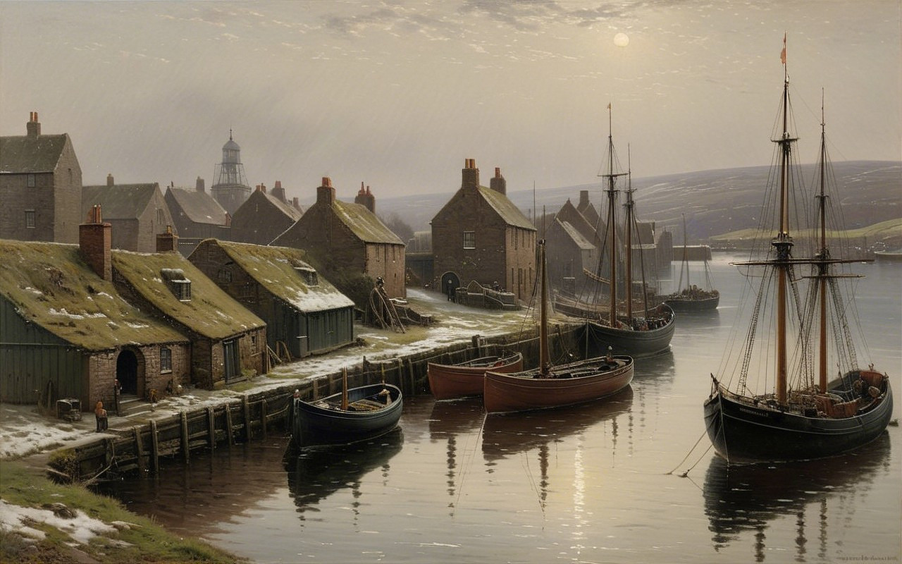 Serene harbor with cottages, boats, and lighthouse