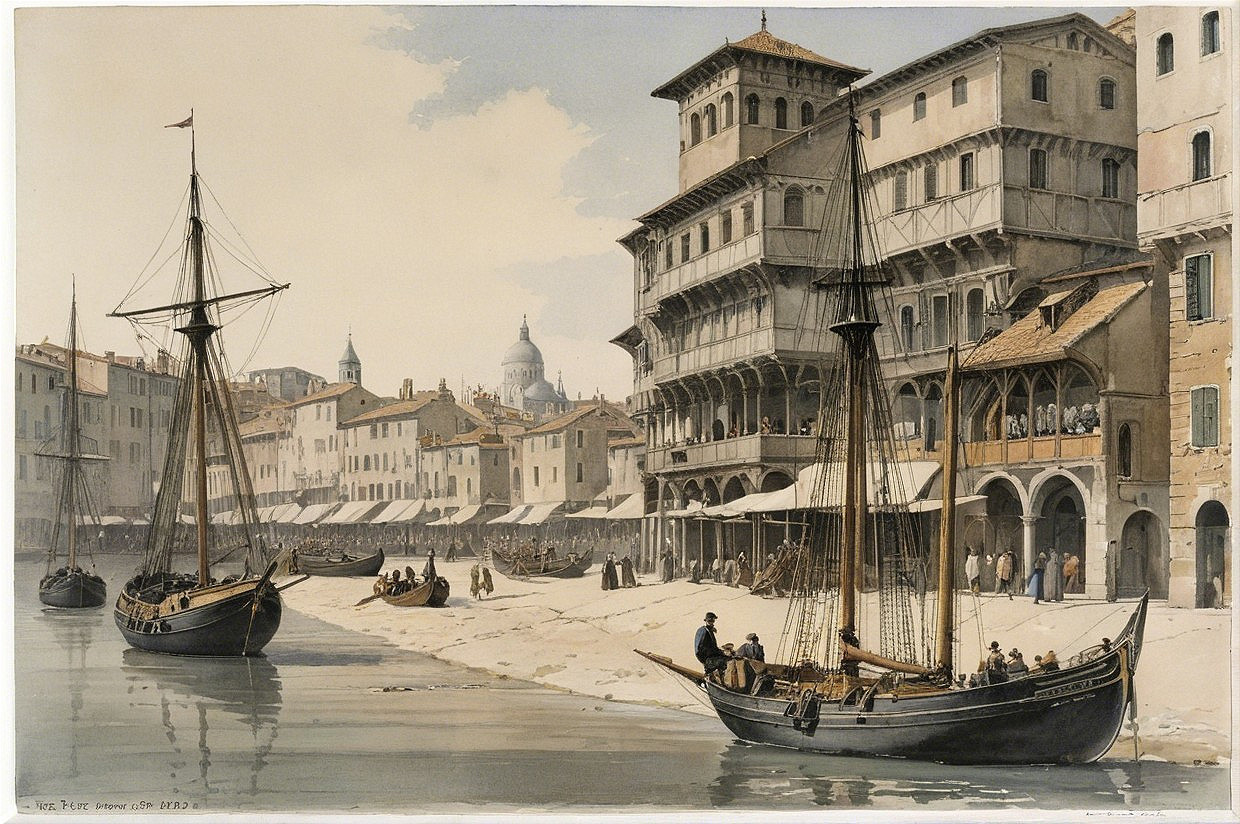 Bustling Waterfront with Traditional Boats and Architecture