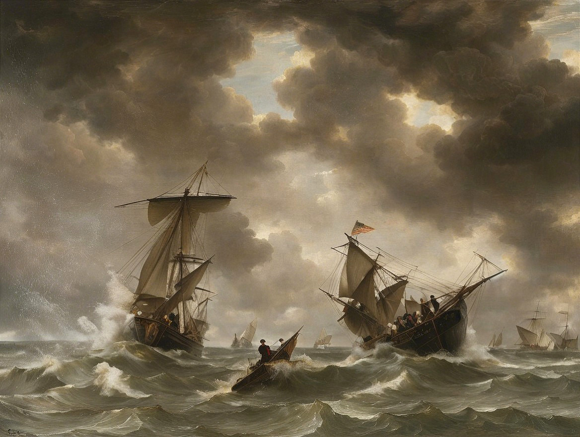 Dramatic Maritime Scene with Turbulent Waves and Ships
