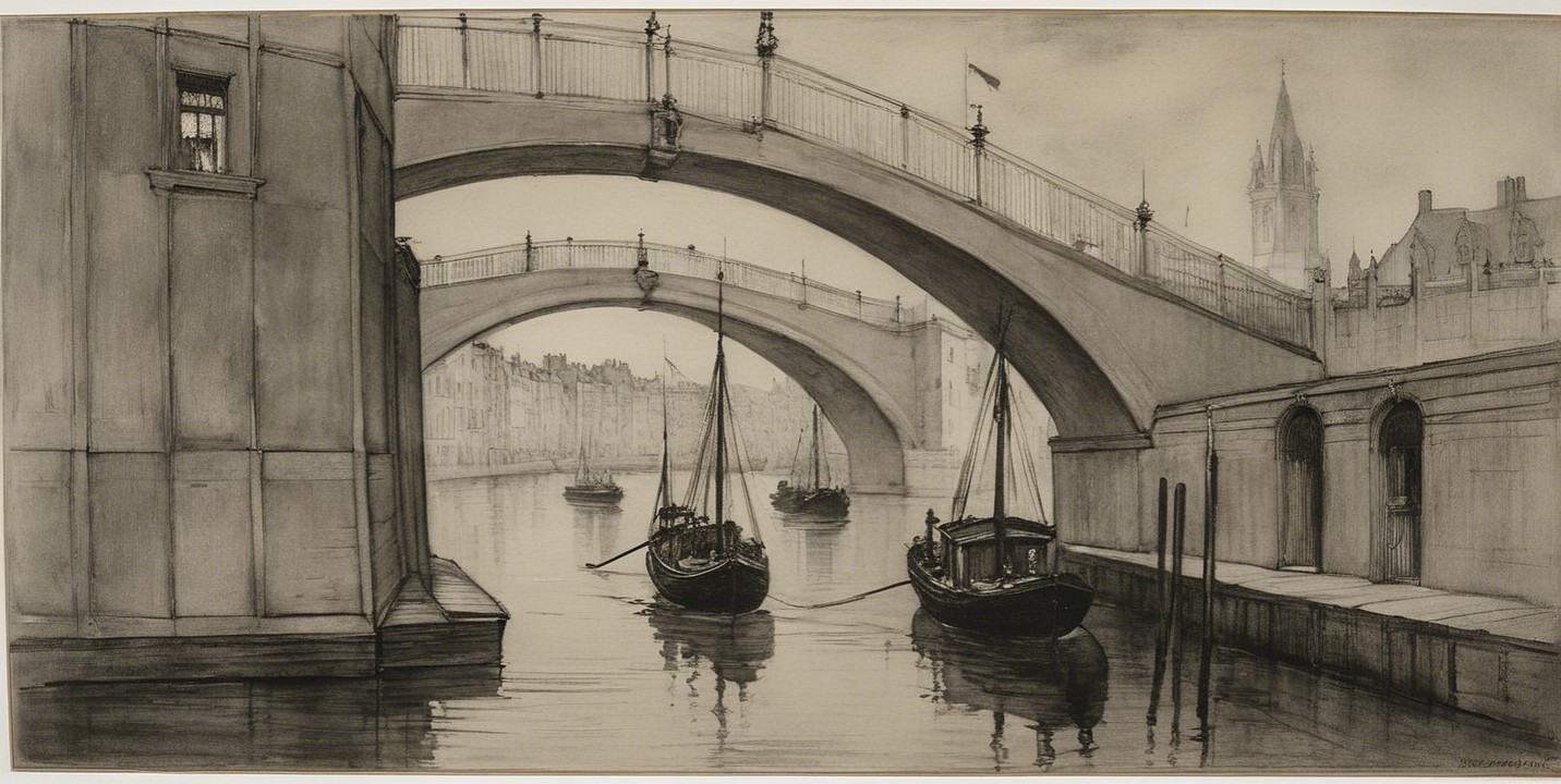 Serene riverside scene with boats and stone bridge