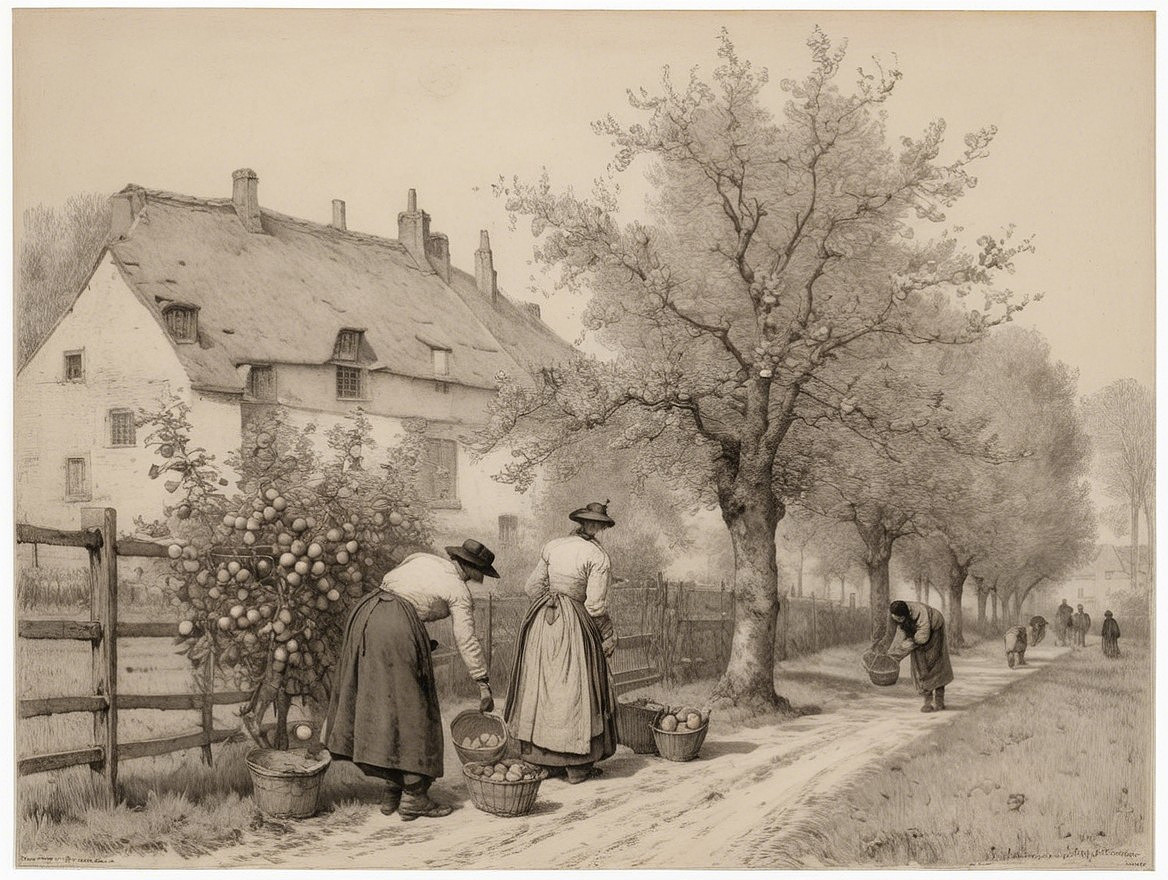 Rural Scene of Women Harvesting Apples Under Trees