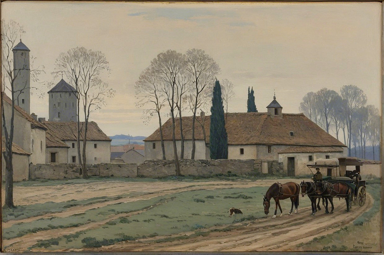 Tranquil Rural Landscape with Horses and Dog