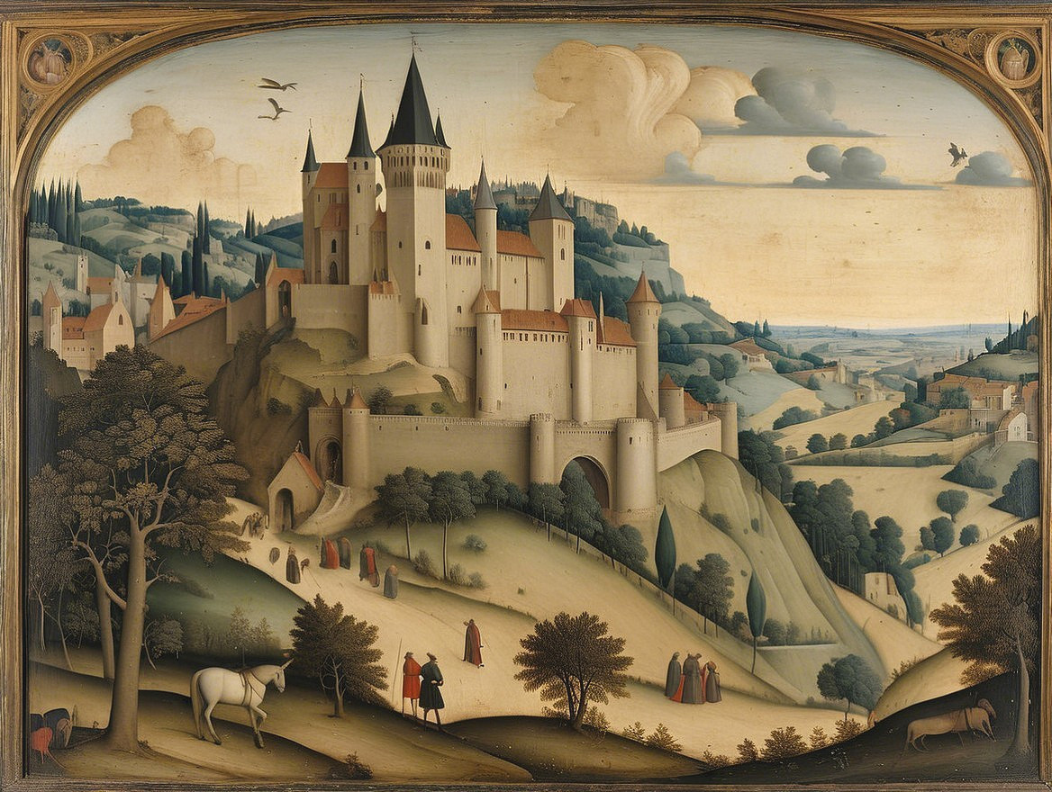 Medieval Castle Landscape with Travelers and Animals