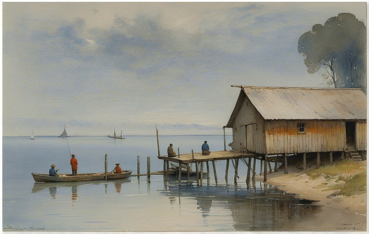 Serene Waterfront Scene with Fishing Hut and Sailboats