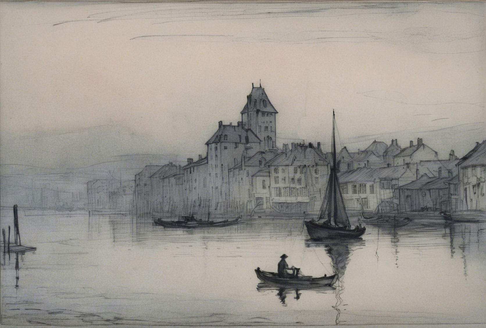 Black and white sketch of a tranquil harbor scene