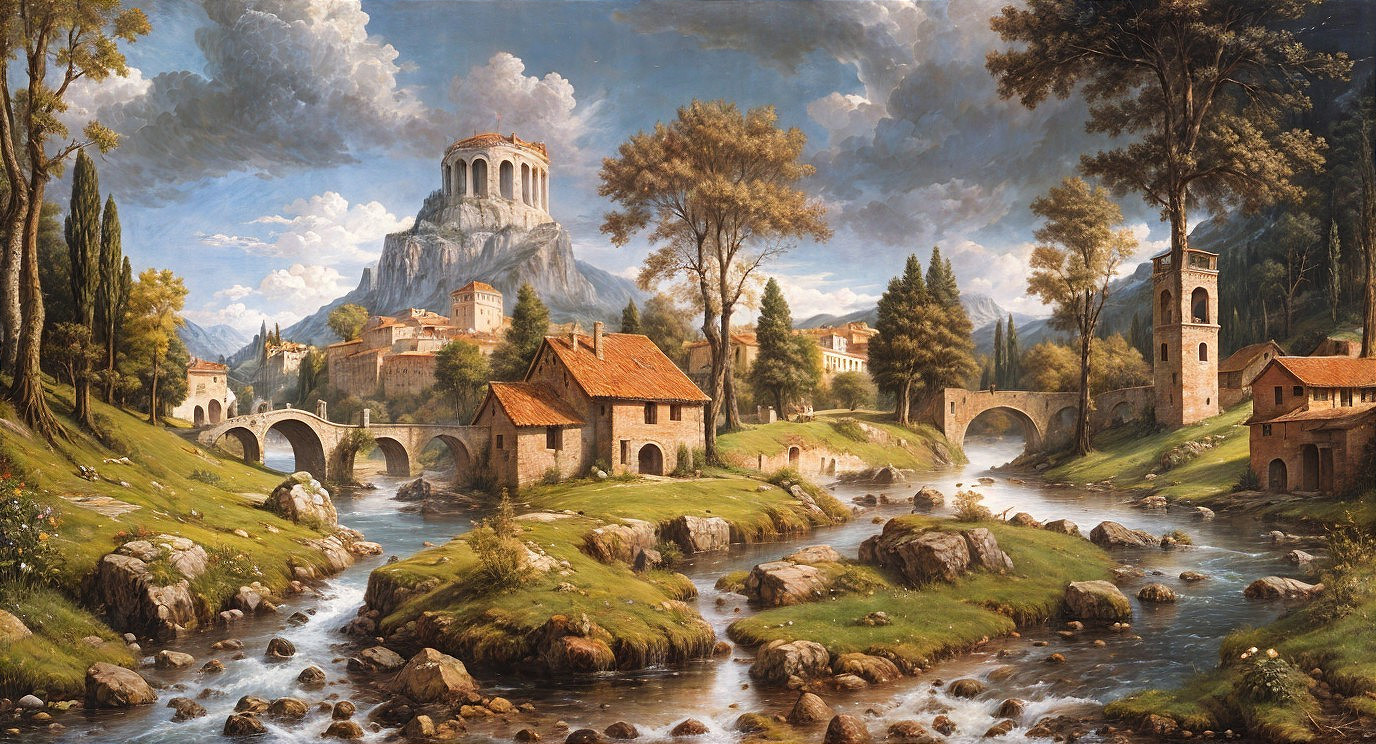 Tranquil Landscape with Hills, River, and Ancient Structure