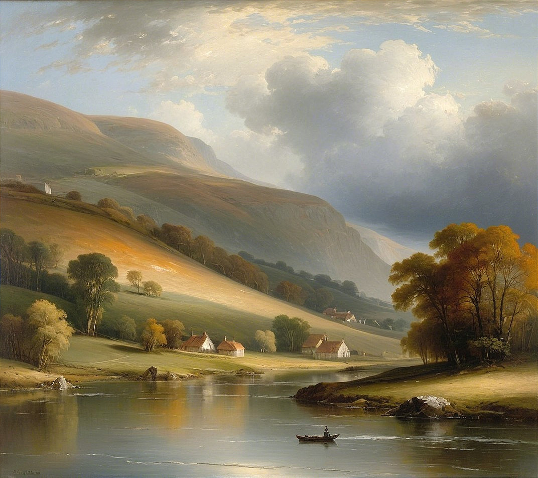 Serene Landscape with Rolling Hills and Calm River