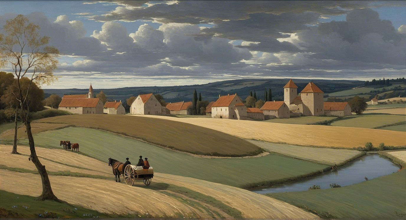 Serene Rural Landscape with Village and Rolling Fields