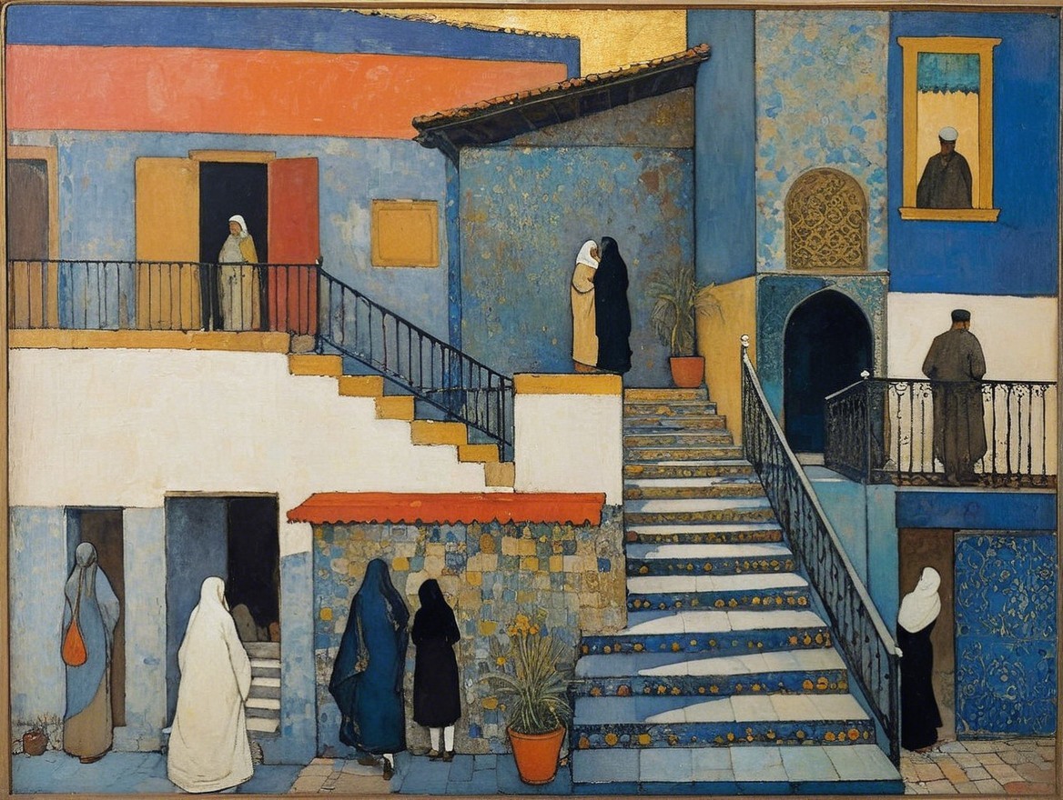 Vibrant Courtyard with Blue Architecture and Traditional Figures