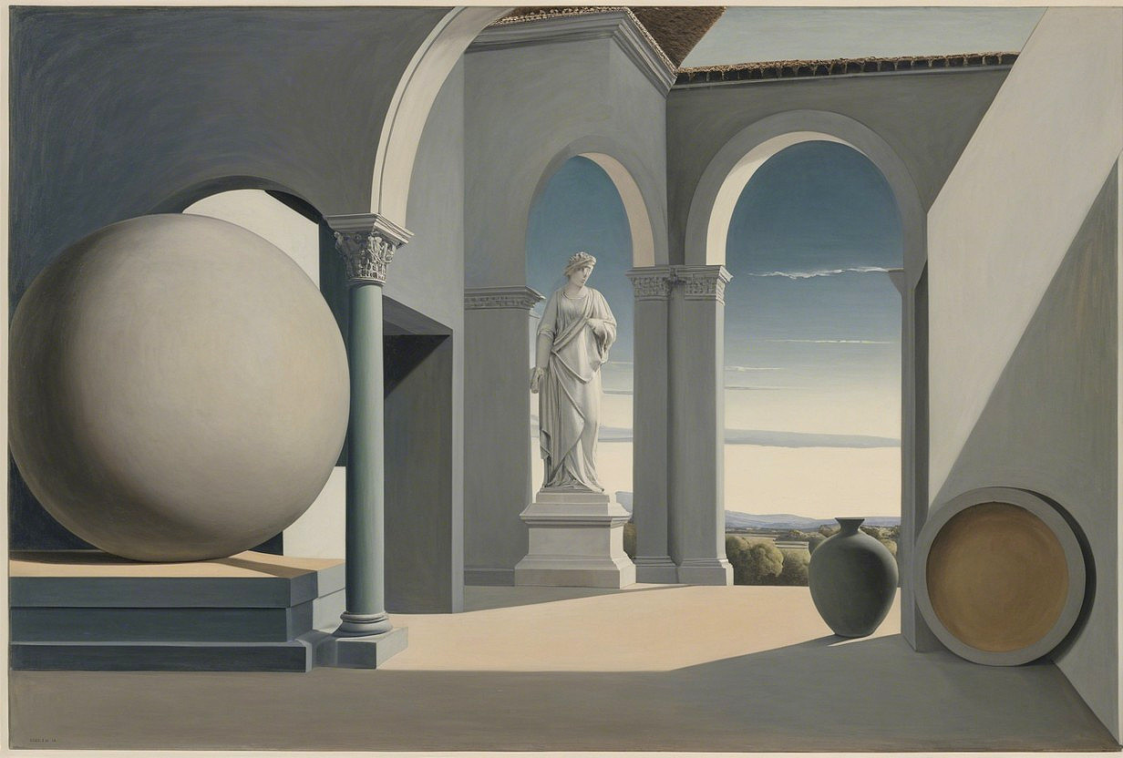 Serene Architectural Space with Arched Columns and Statues
