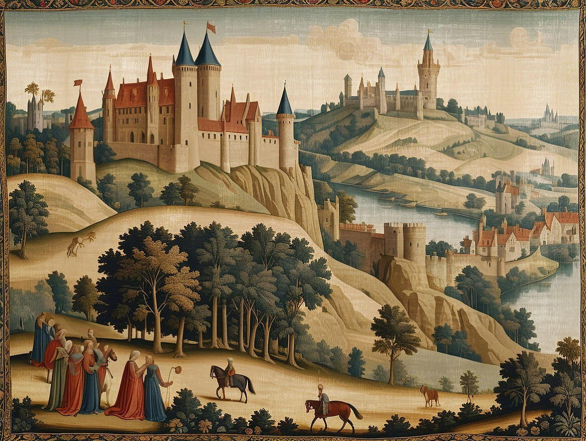Serene Landscape with Castles and Elegant Figures