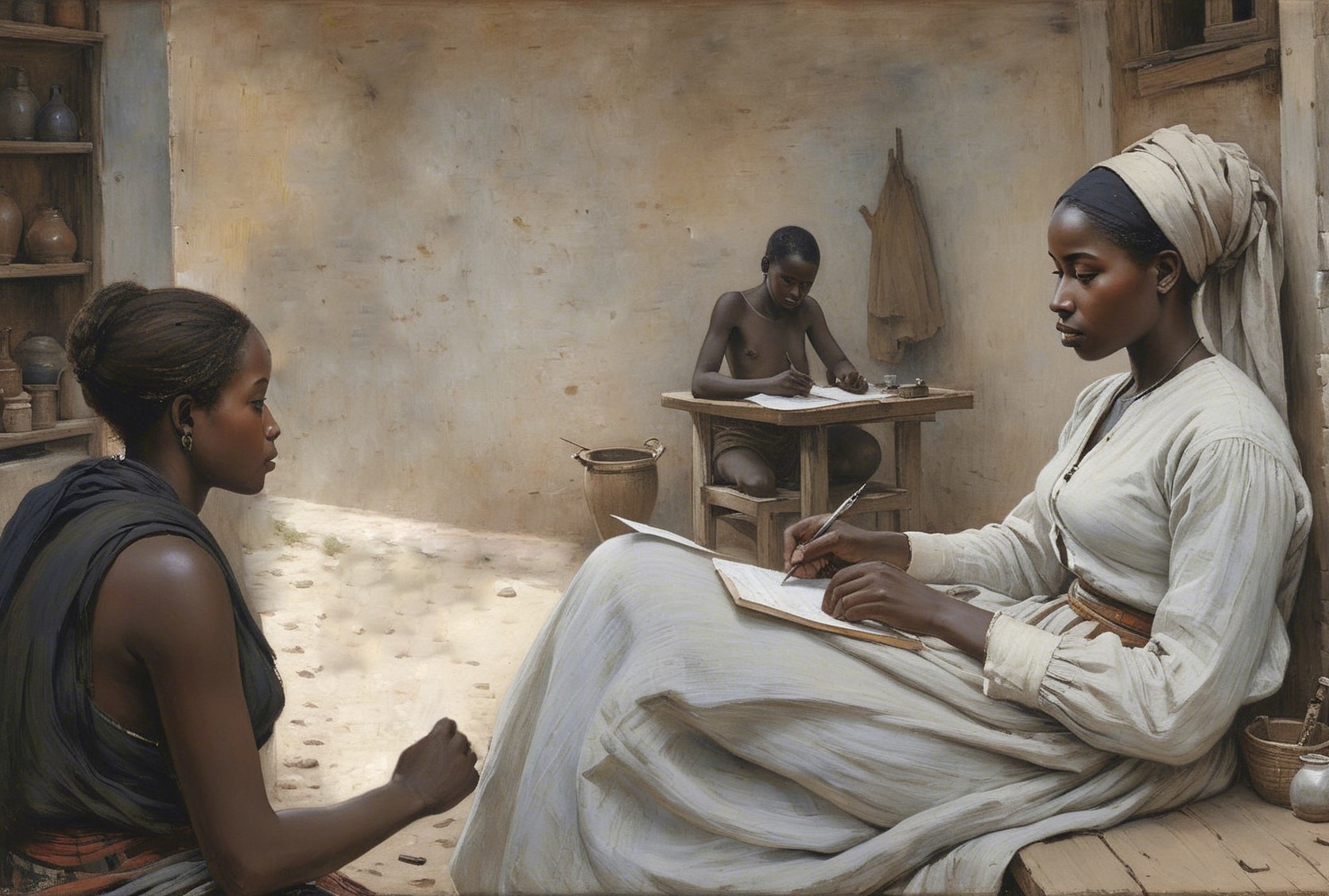 Two African Women and a Boy Writing in Sunlit Room