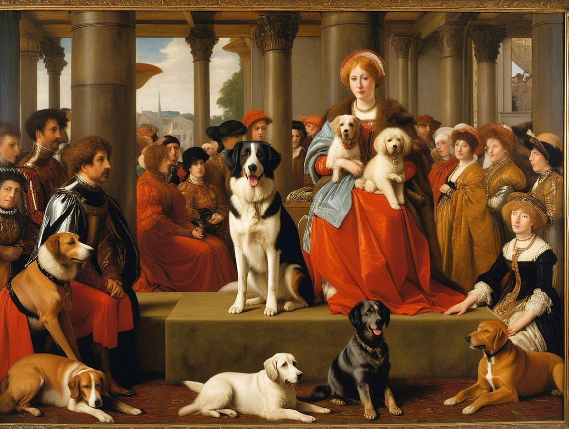 Noblewoman with Puppies in Historical Gathering Scene