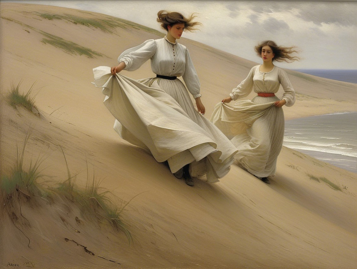 Women in White Dresses Walking on Sandy Dune