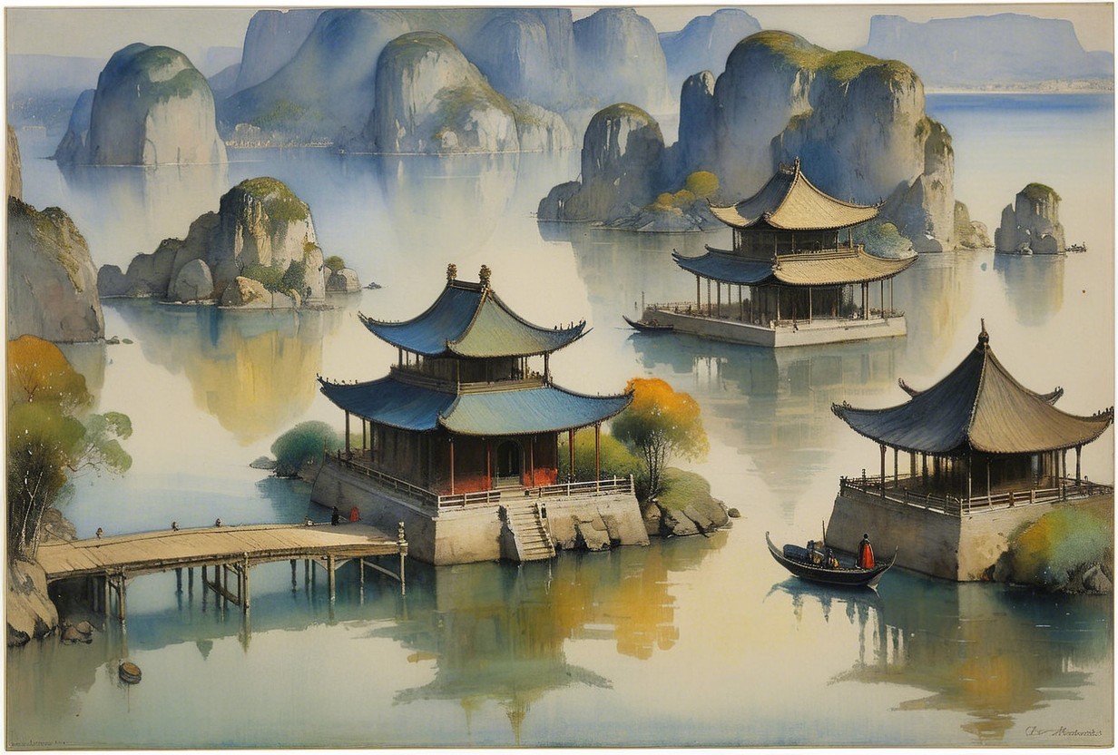 Serene Landscape with Pagodas and Calm Water