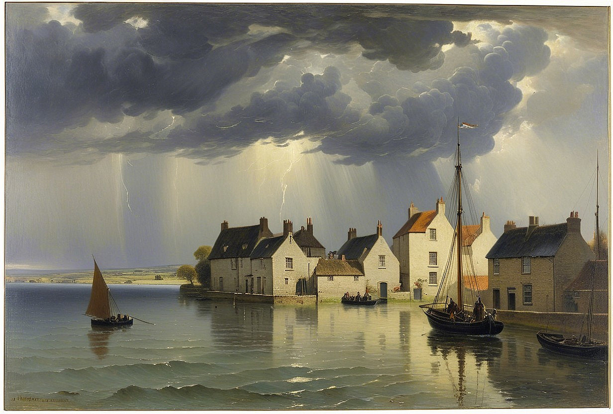 Coastal Village Under Dark Clouds and Sunlight Breaks