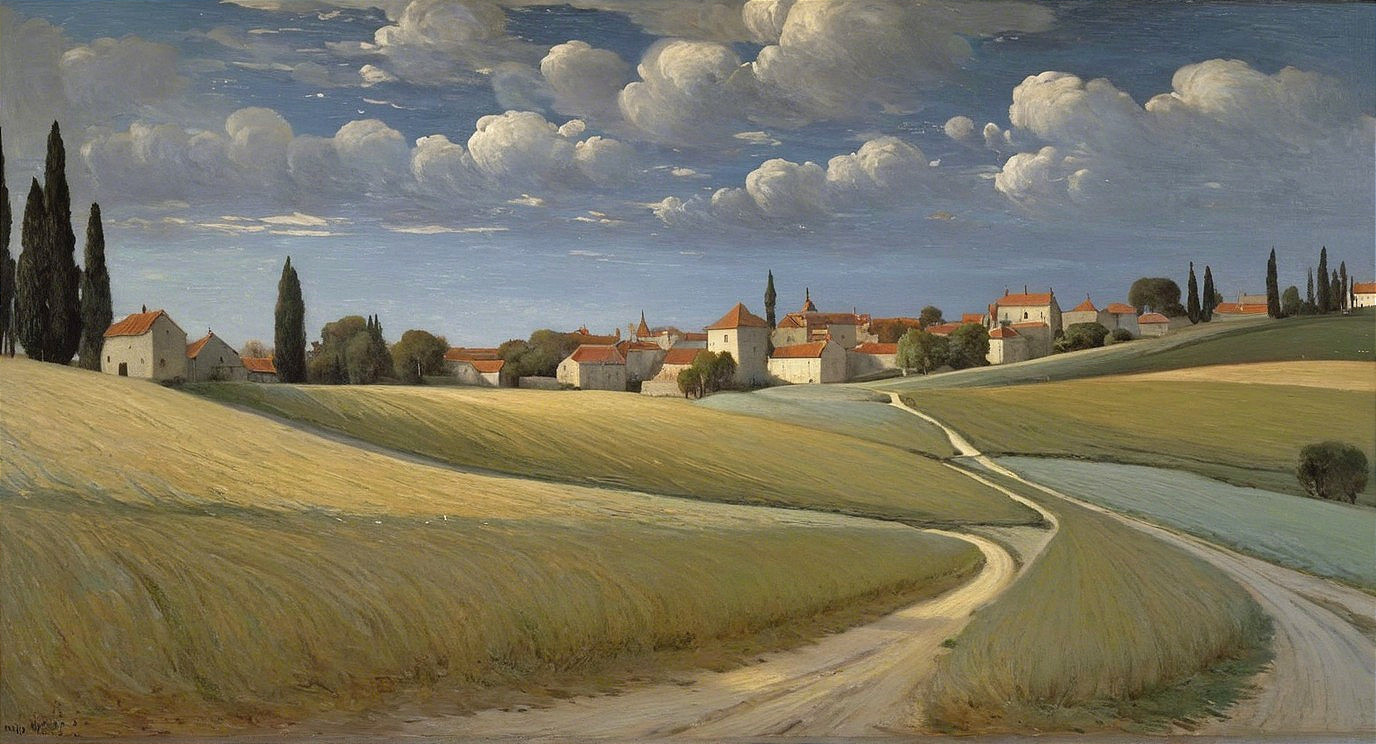 Quaint Village Surrounded by Rolling Hills and Fields