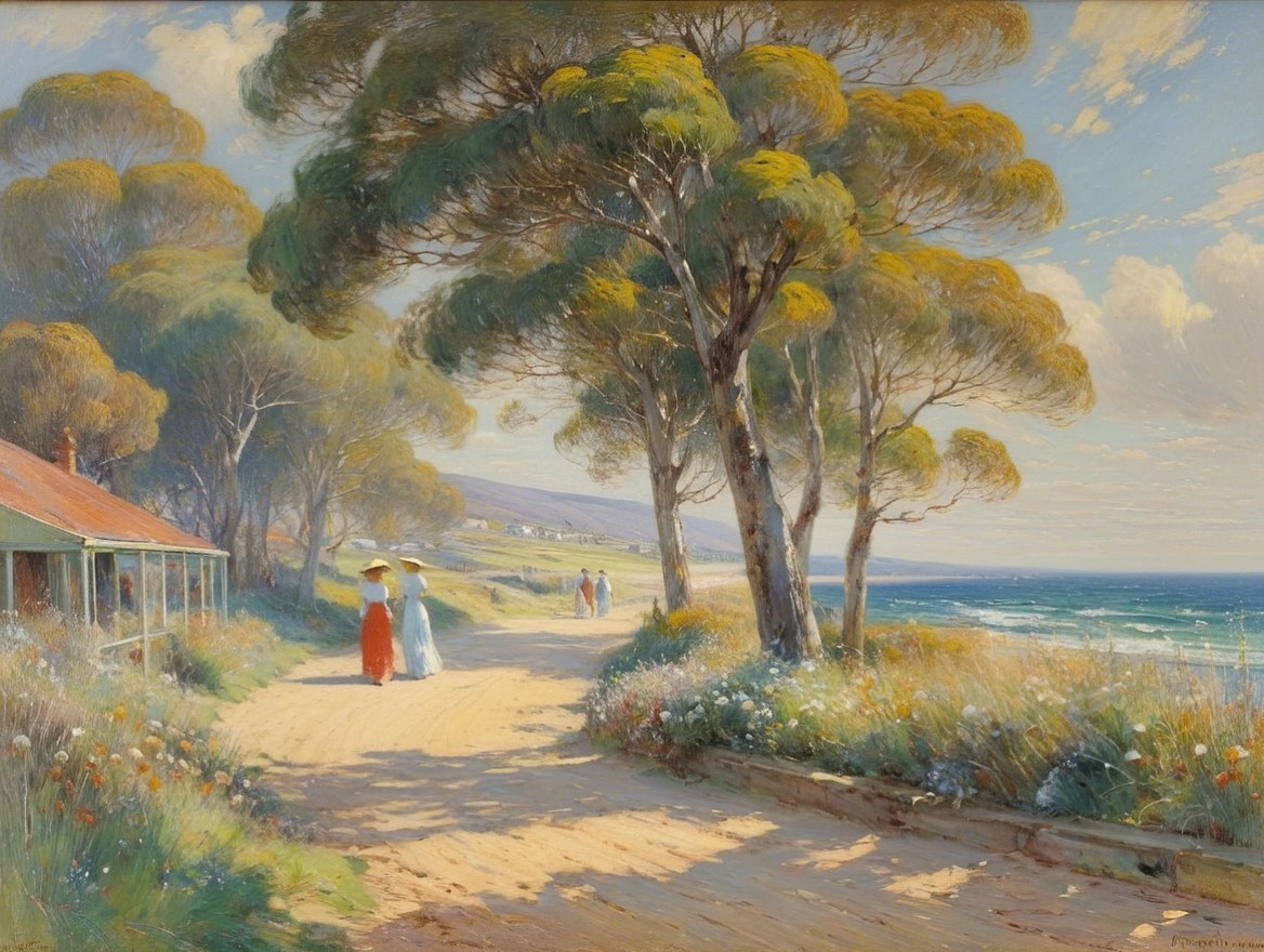 Coastal Scene with Women Strolling Along the Shore