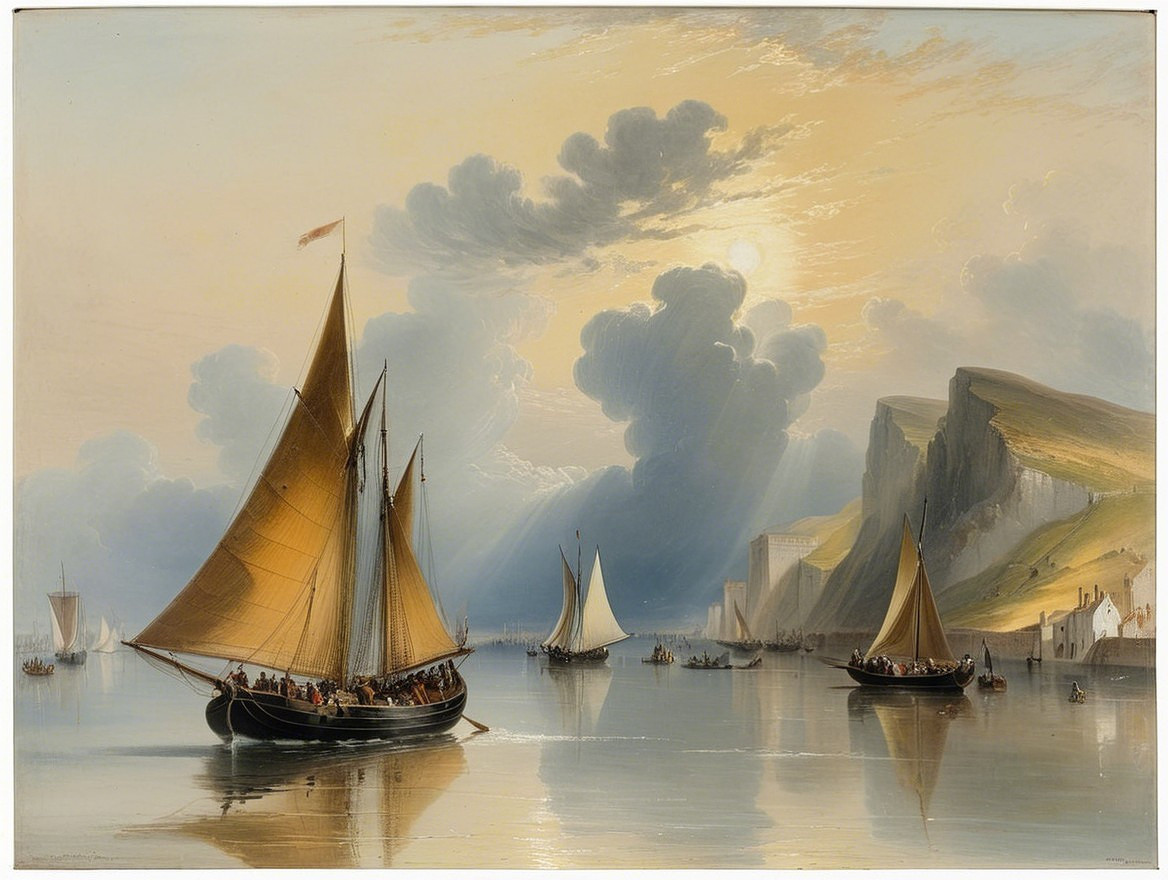 Serene Coastal Sunset with Sailboats and Cliffs