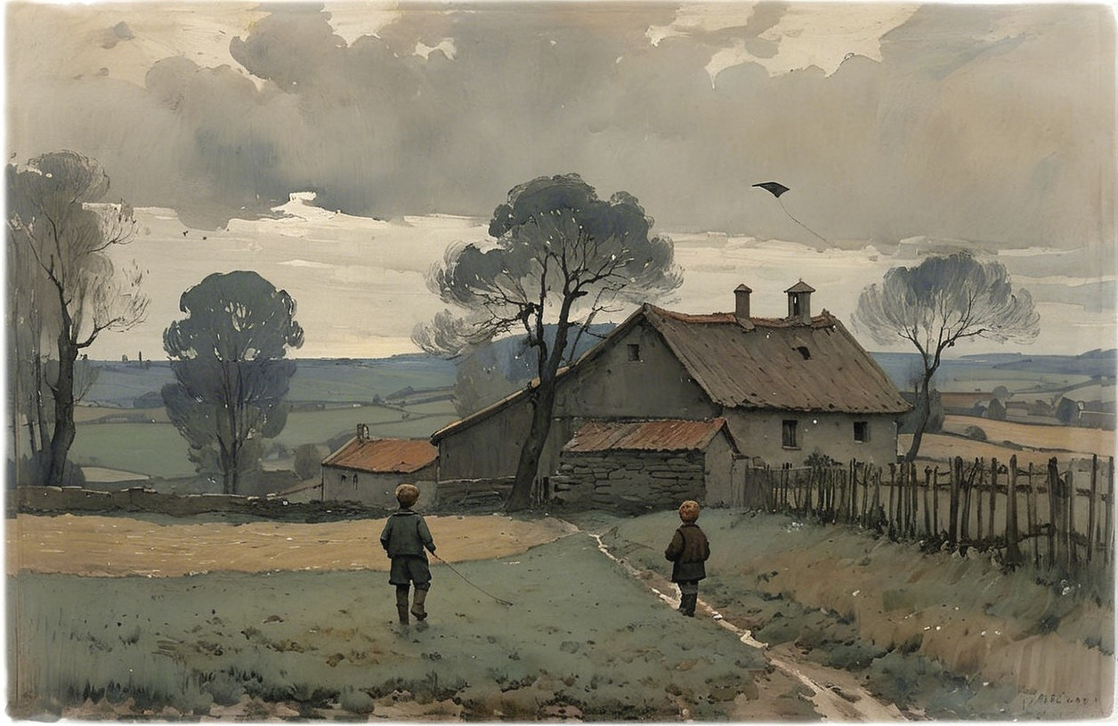 Children Watching a Kite in a Serene Countryside